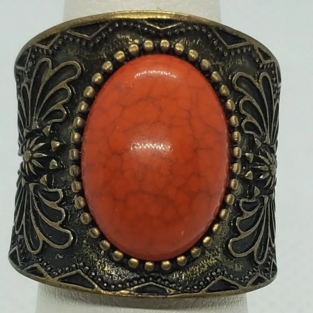 Orange & Gold Tone Stretchy Ring